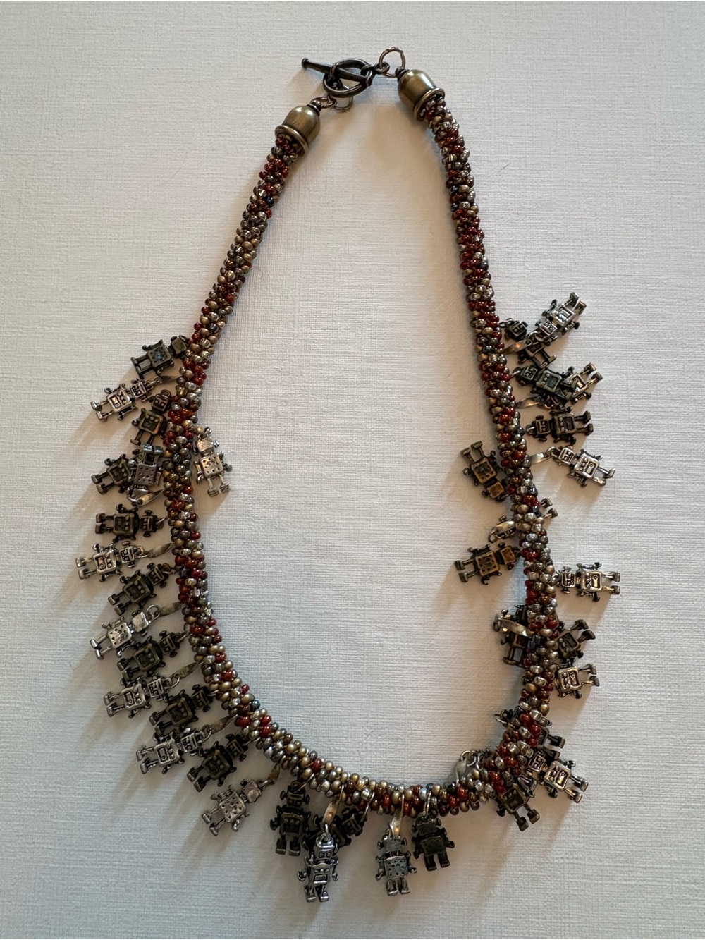 Handcrafted Red and Antique Silver Beaded Robot Charm Necklace